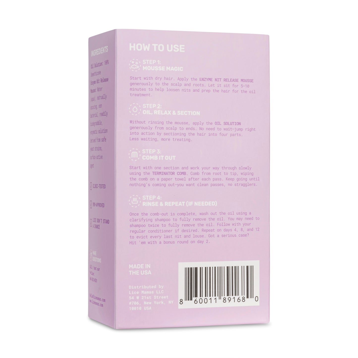 Lice treatment kit back of box – dimethicone formula ingredients and directions
