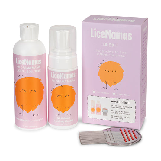 Lice treatment kit with dimethicone solution, enzyme mousse and terminator comb